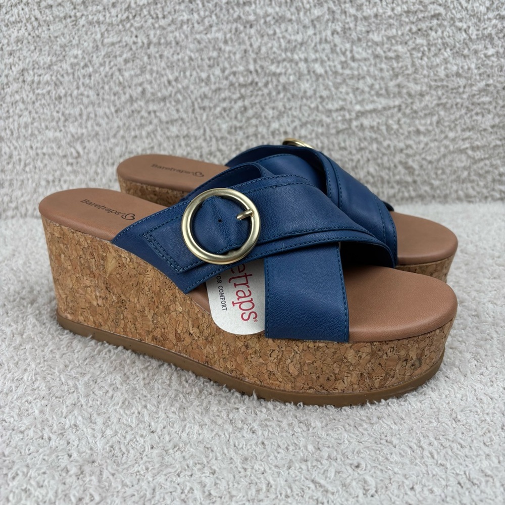 Baretraps Sandals Womens 9M Blue Sydney Cork Slip On Buckle Detail Honeycomb
